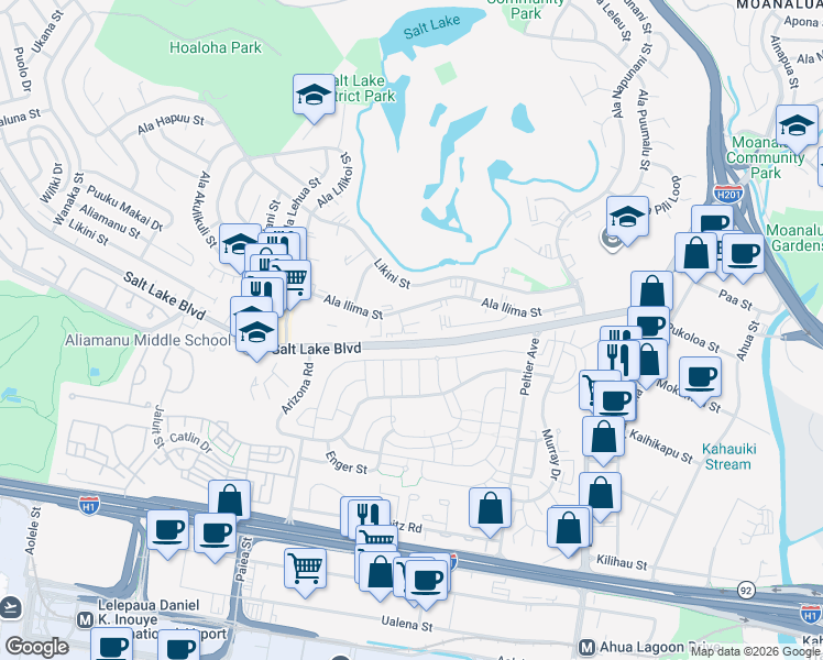 map of restaurants, bars, coffee shops, grocery stores, and more near 3077 Ala Ilima Street in Honolulu
