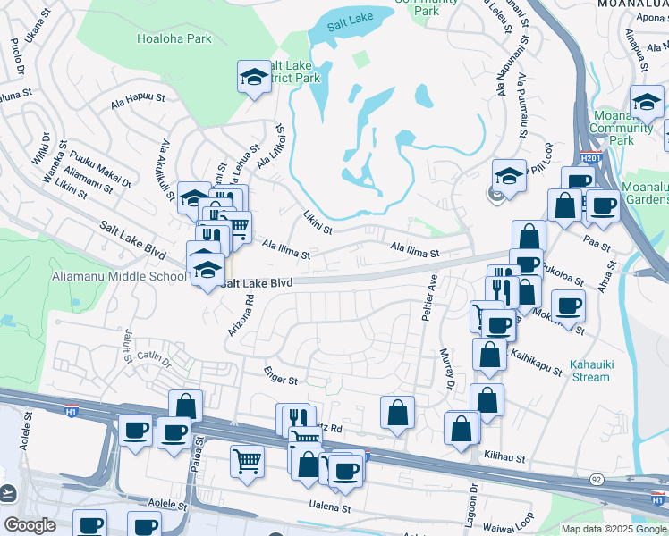 map of restaurants, bars, coffee shops, grocery stores, and more near 3077 Ala Ilima Street in Honolulu