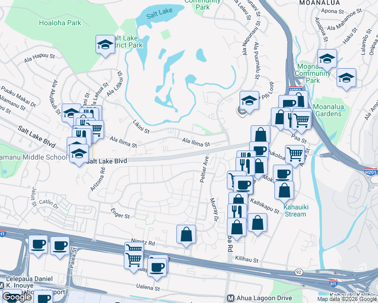map of restaurants, bars, coffee shops, grocery stores, and more near 2975 Ala Napuaa Place in Honolulu