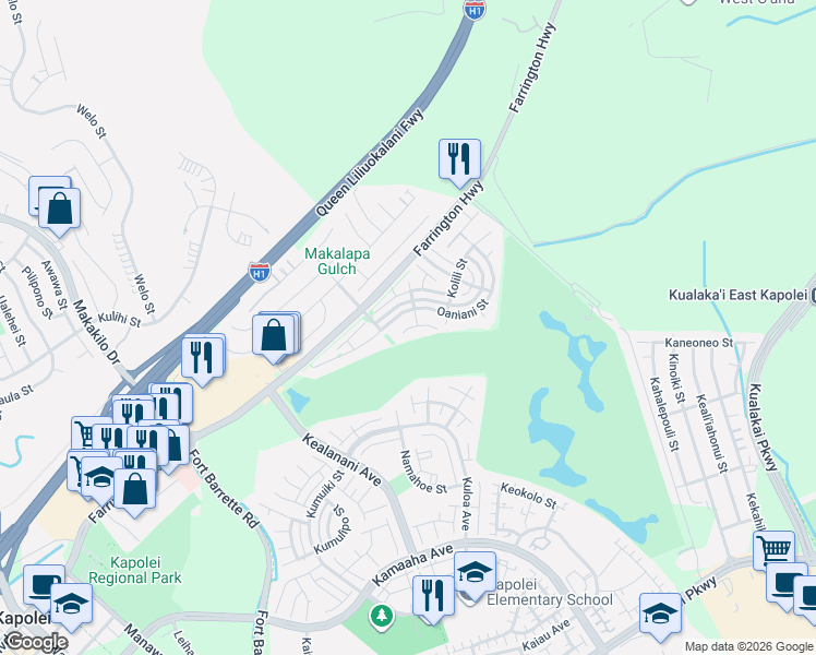 map of restaurants, bars, coffee shops, grocery stores, and more near 91-910 Oaniani Street in Kapolei