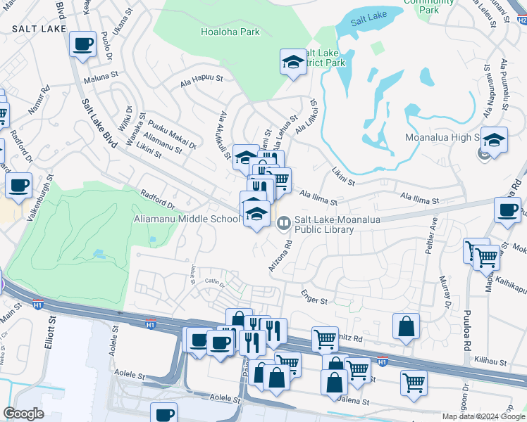 map of restaurants, bars, coffee shops, grocery stores, and more near 848 Ala Lilikoi Street in Honolulu