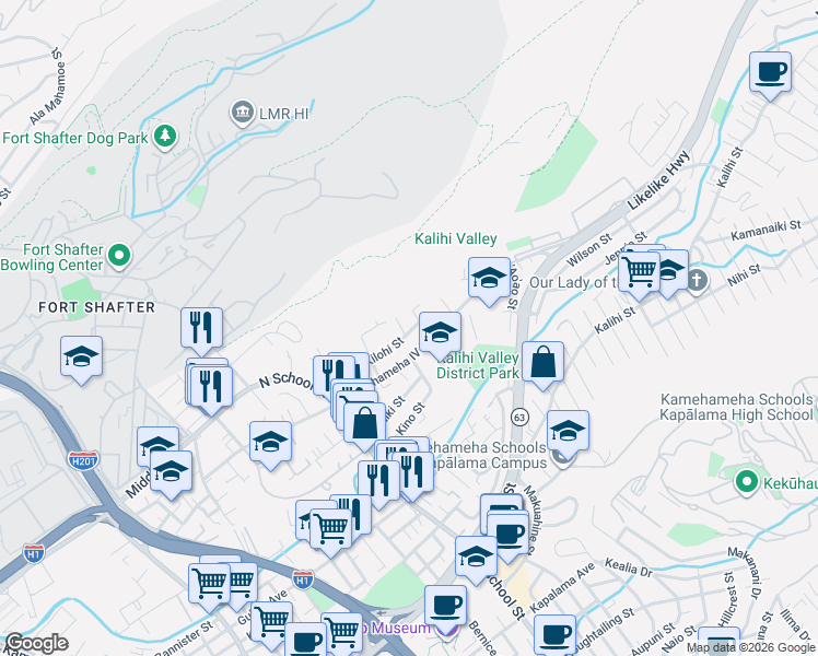 map of restaurants, bars, coffee shops, grocery stores, and more near 2443 Hihio Place in Honolulu