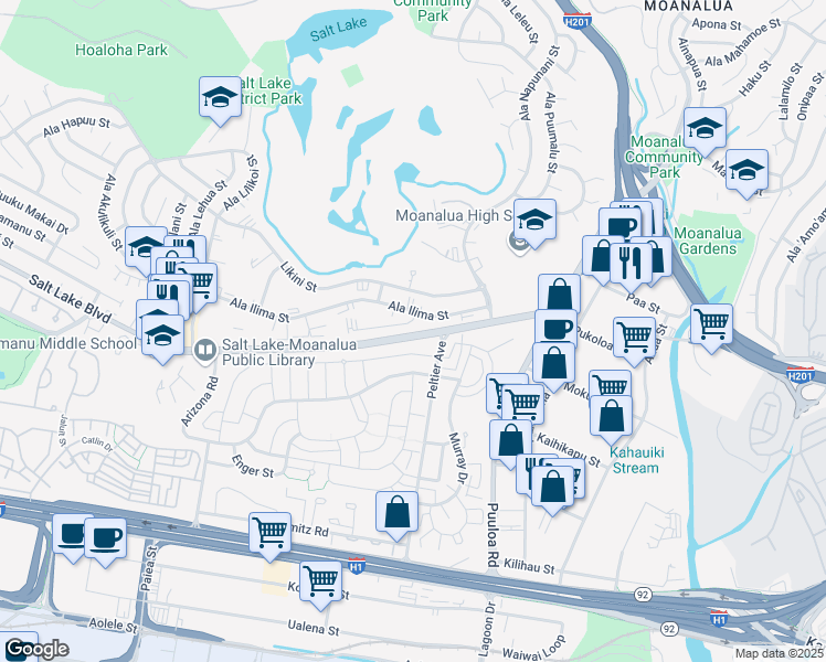 map of restaurants, bars, coffee shops, grocery stores, and more near 2977 Ala Ilima Street in Honolulu