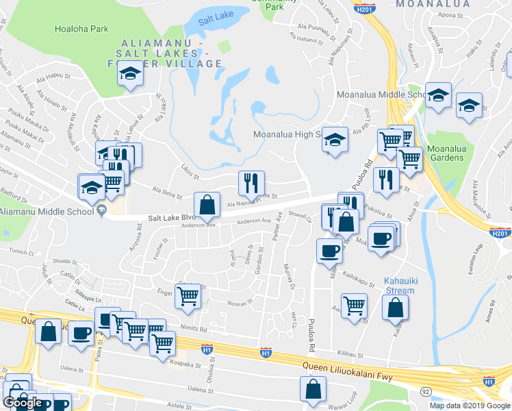 map of restaurants, bars, coffee shops, grocery stores, and more near 2977 Ala Ilima Street in Honolulu