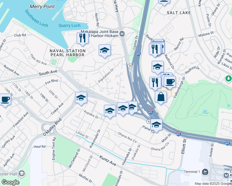 map of restaurants, bars, coffee shops, grocery stores, and more near 3333 Leal Place in Honolulu