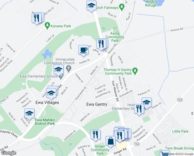 map of restaurants, bars, coffee shops, grocery stores, and more near 91-1239 Puamaeole Street in Ewa Beach