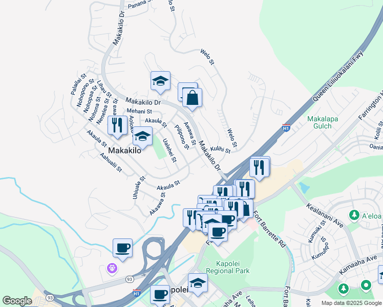 map of restaurants, bars, coffee shops, grocery stores, and more near 92-521 Awawa Street in Kapolei