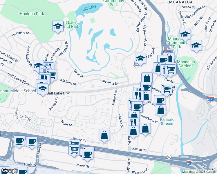 map of restaurants, bars, coffee shops, grocery stores, and more near 2977 Ala Ilima Street in Honolulu