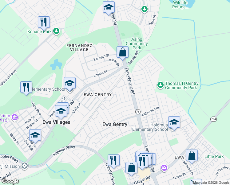 map of restaurants, bars, coffee shops, grocery stores, and more near 91-1229 Puamaeole Street in Ewa Beach