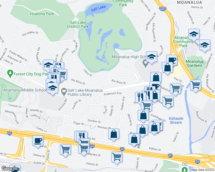 map of restaurants, bars, coffee shops, grocery stores, and more near 3004 Ala Napuaa Place in Honolulu