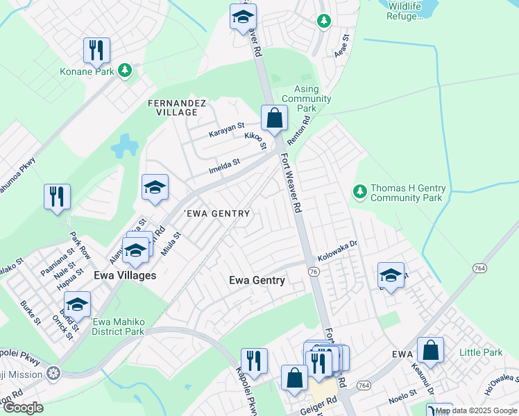 map of restaurants, bars, coffee shops, grocery stores, and more near 91-1239 Puamaeole Street in Ewa Beach
