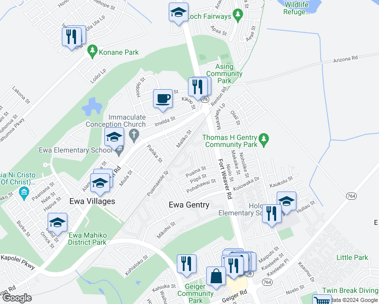map of restaurants, bars, coffee shops, grocery stores, and more near 91-1239 Puamaeole Street in Ewa Beach