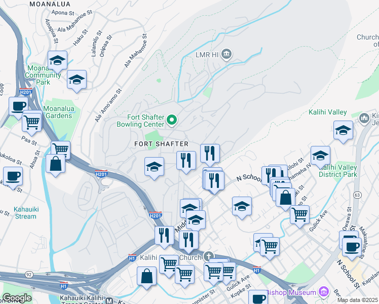 map of restaurants, bars, coffee shops, grocery stores, and more near Bonnie Loop in Honolulu