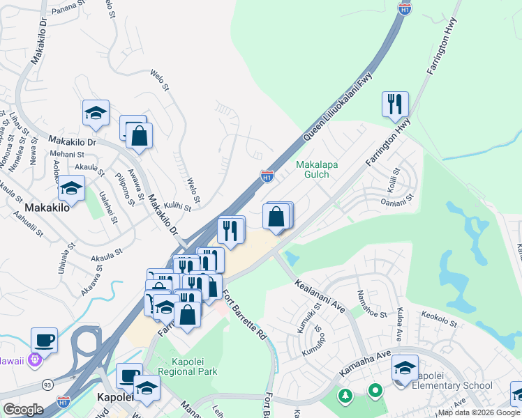 map of restaurants, bars, coffee shops, grocery stores, and more near 91-1429 Halahinano Street in Kapolei