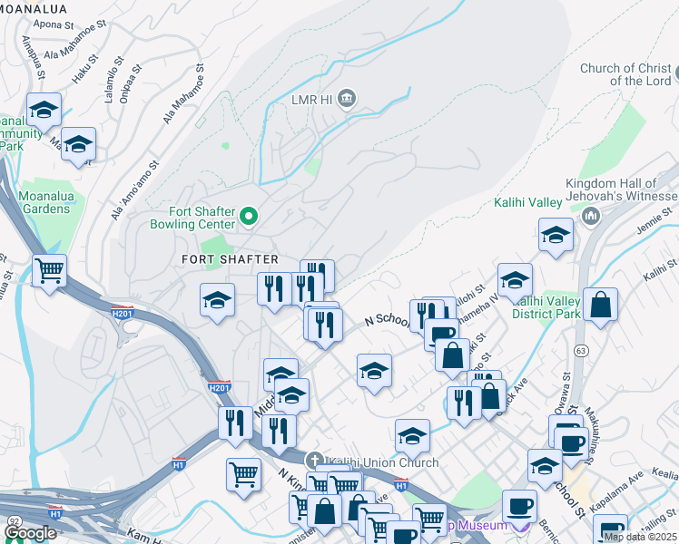 map of restaurants, bars, coffee shops, grocery stores, and more near Simpson Loop in Honolulu