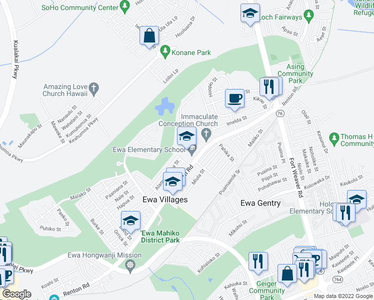 map of restaurants, bars, coffee shops, grocery stores, and more near 91-1280 Renton Road in Ewa Beach