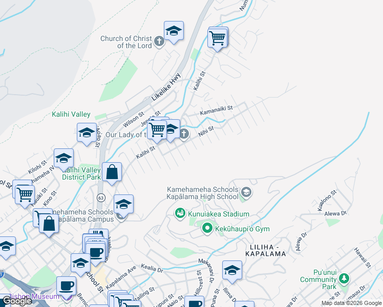map of restaurants, bars, coffee shops, grocery stores, and more near 1575 Kilohana Street in Honolulu
