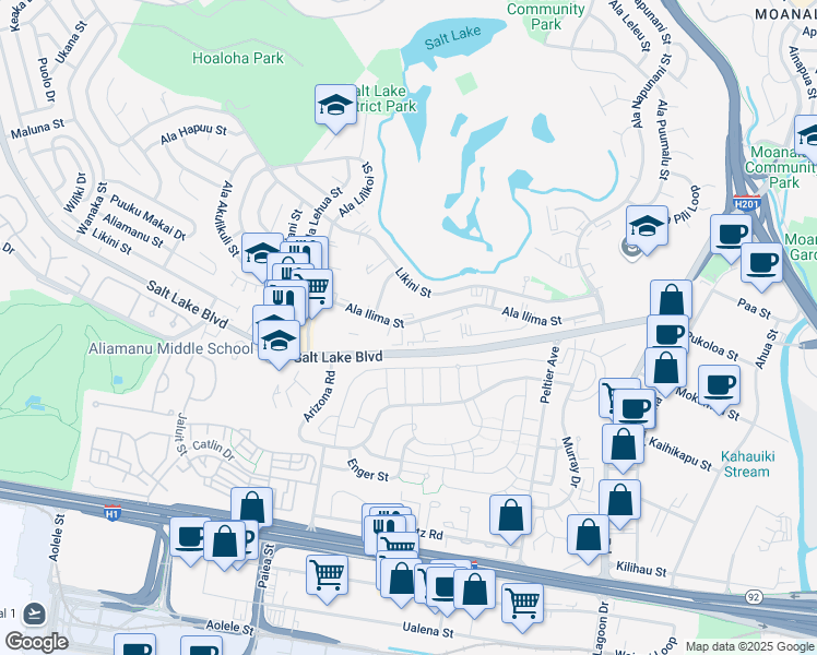 map of restaurants, bars, coffee shops, grocery stores, and more near 3148 Ala Ilima Street in Honolulu