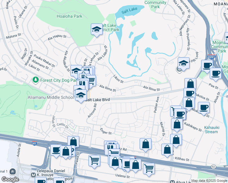 map of restaurants, bars, coffee shops, grocery stores, and more near 3148 Ala Ilima Street in Honolulu