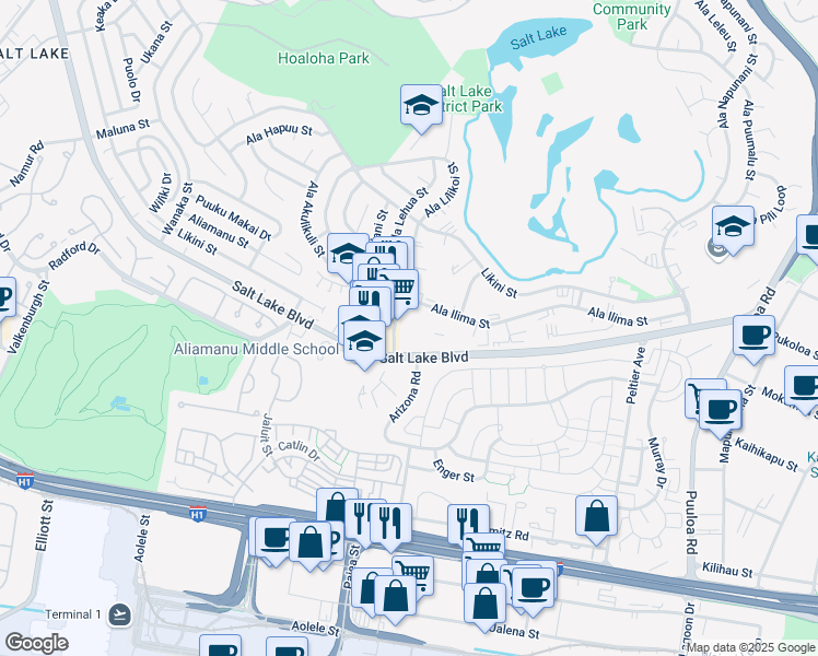 map of restaurants, bars, coffee shops, grocery stores, and more near 861 Ala Lilikoi Street in Honolulu