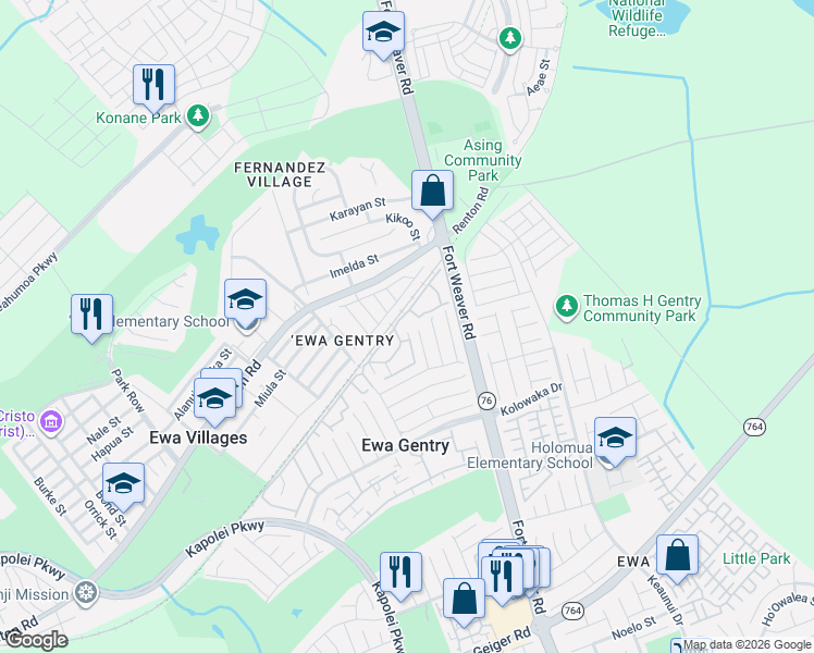 map of restaurants, bars, coffee shops, grocery stores, and more near 91-1229 Puamaeole Street in Ewa Beach