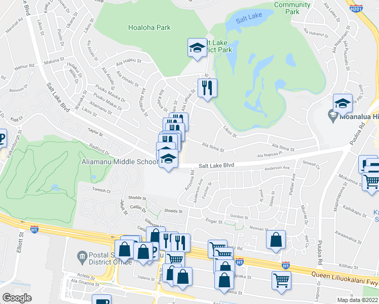 map of restaurants, bars, coffee shops, grocery stores, and more near 861 Ala Lilikoi Street in Honolulu