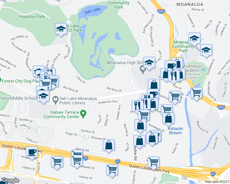 map of restaurants, bars, coffee shops, grocery stores, and more near 201 Ala Napuaa Place in Honolulu