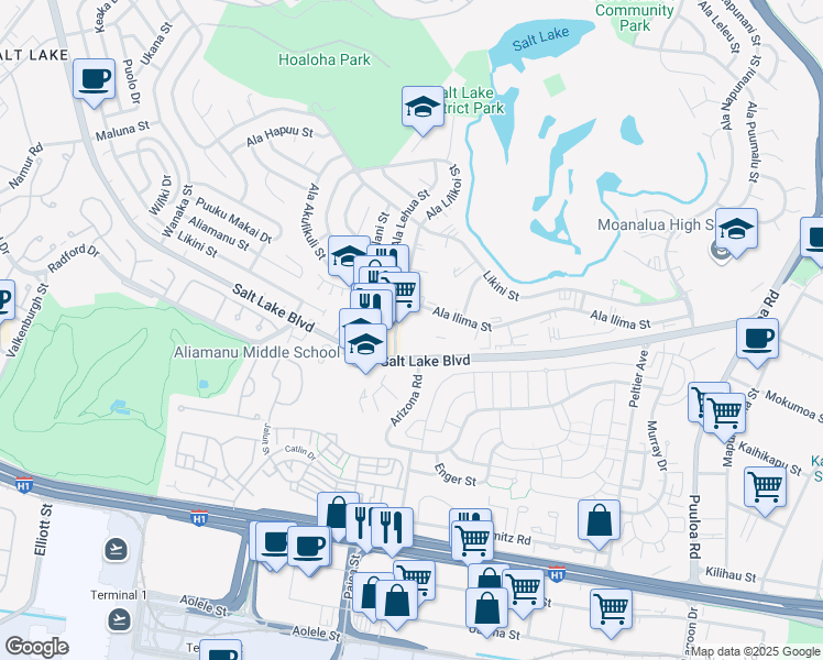 map of restaurants, bars, coffee shops, grocery stores, and more near 837 Ala Lilikoi Street in Honolulu