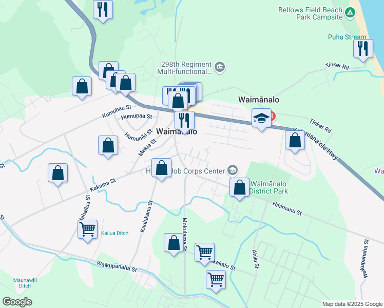 map of restaurants, bars, coffee shops, grocery stores, and more near 41-545 Hihimanu Street in Waimanalo