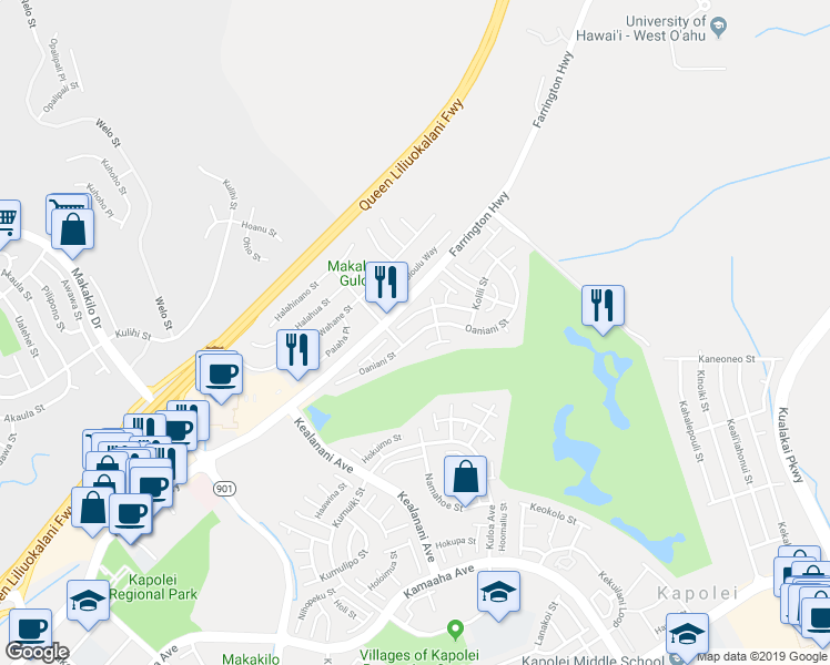 map of restaurants, bars, coffee shops, grocery stores, and more near 91-892 Oaniani Street in Kapolei