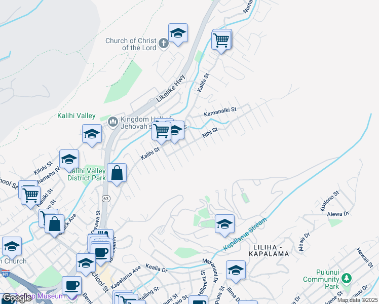 map of restaurants, bars, coffee shops, grocery stores, and more near 1575 Kilohana Street in Honolulu