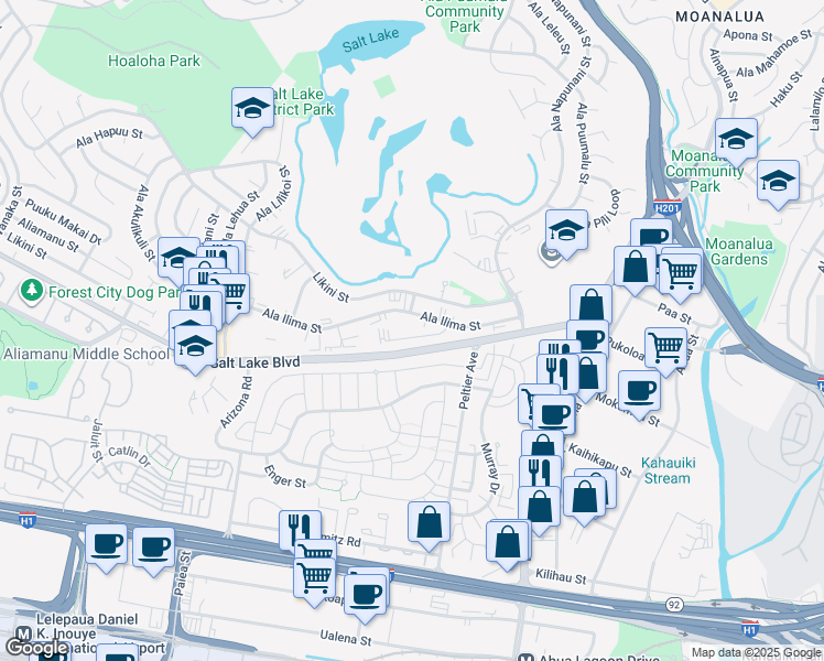 map of restaurants, bars, coffee shops, grocery stores, and more near 3020 Ala Napuaa Place in Honolulu