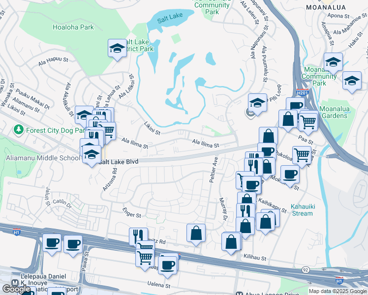 map of restaurants, bars, coffee shops, grocery stores, and more near 3020 Ala Napuaa Place in Honolulu