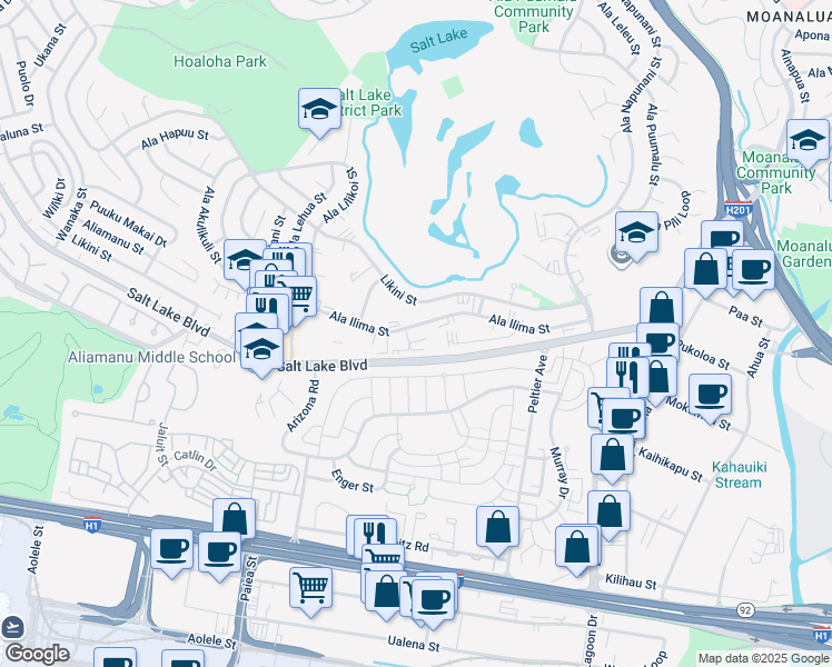 map of restaurants, bars, coffee shops, grocery stores, and more near 3077 Ala Ilima Street in Honolulu
