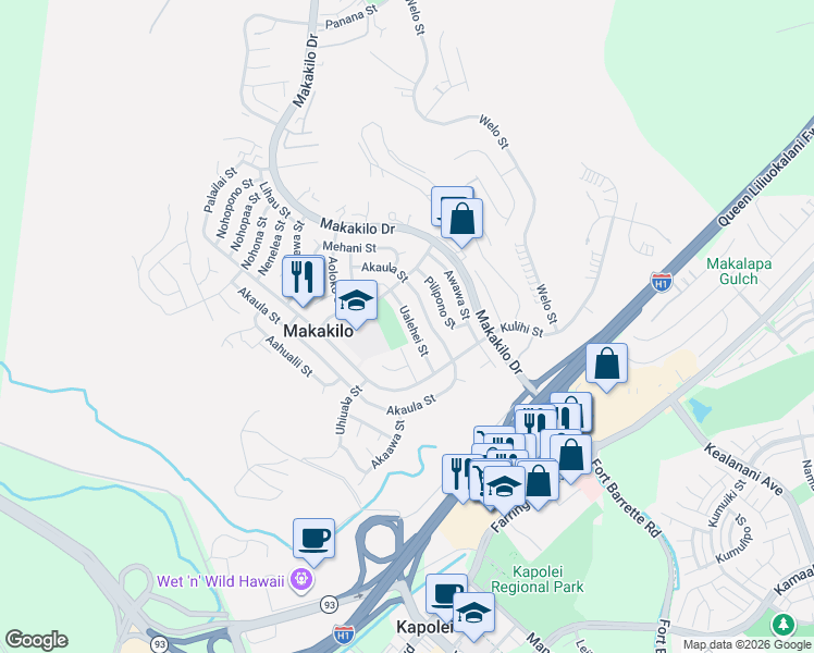 map of restaurants, bars, coffee shops, grocery stores, and more near 92-550 Ualehei Street in Kapolei