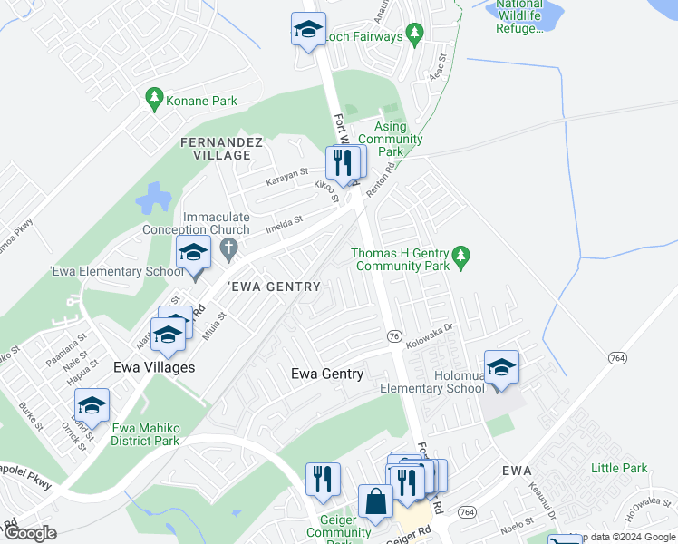 map of restaurants, bars, coffee shops, grocery stores, and more near 91-1239 Puamaeole Street in Ewa Beach