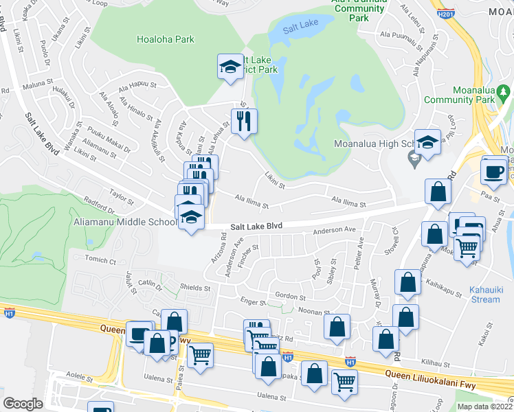 map of restaurants, bars, coffee shops, grocery stores, and more near 3148 Ala Ilima Street in Honolulu