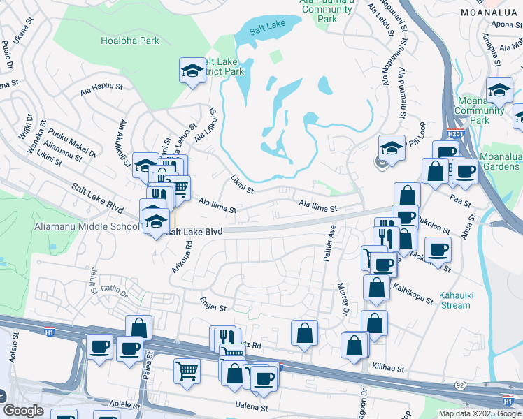 map of restaurants, bars, coffee shops, grocery stores, and more near 3077 Ala Ilima Street in Honolulu