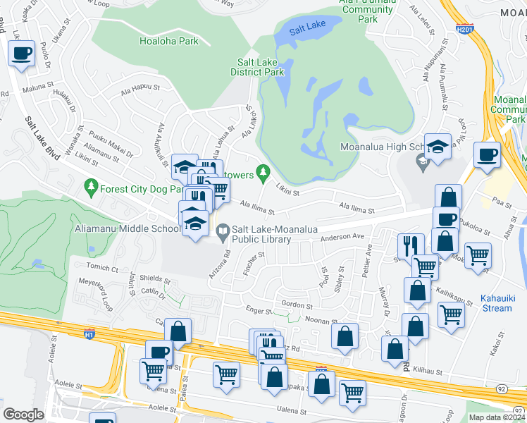 map of restaurants, bars, coffee shops, grocery stores, and more near 3148 Ala Ilima Street in Honolulu