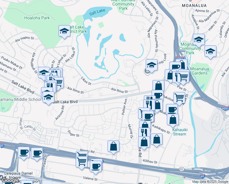 map of restaurants, bars, coffee shops, grocery stores, and more near 2977 Ala Ilima Street in Honolulu
