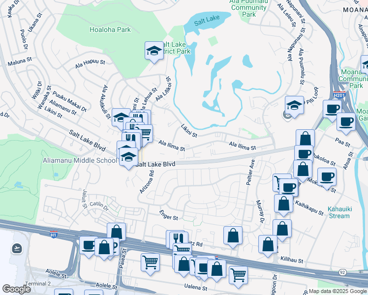 map of restaurants, bars, coffee shops, grocery stores, and more near 3130 Ala Ilima Street in Honolulu