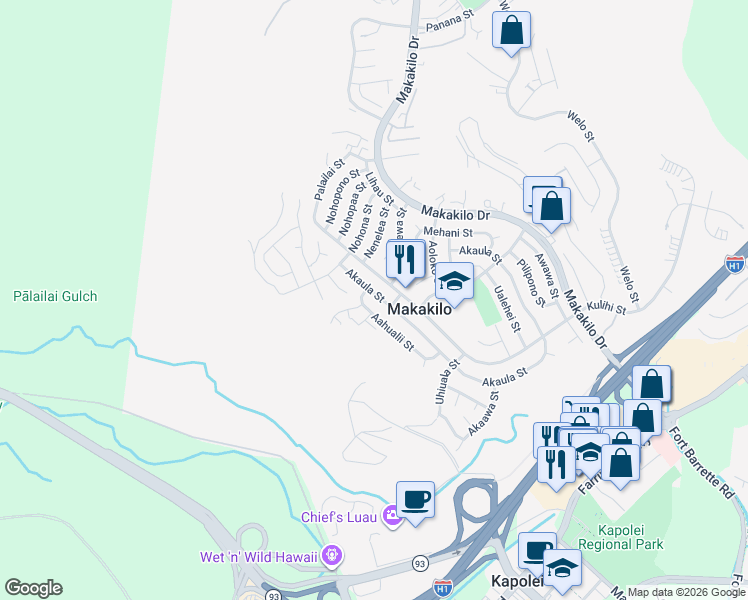 map of restaurants, bars, coffee shops, grocery stores, and more near 92-333 Akaula Street in Kapolei