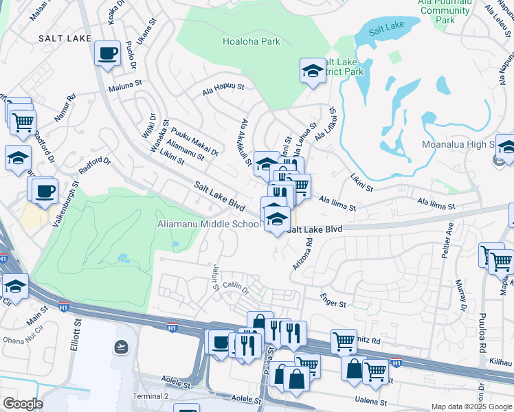 map of restaurants, bars, coffee shops, grocery stores, and more near 908 Kahikolu Place in Honolulu