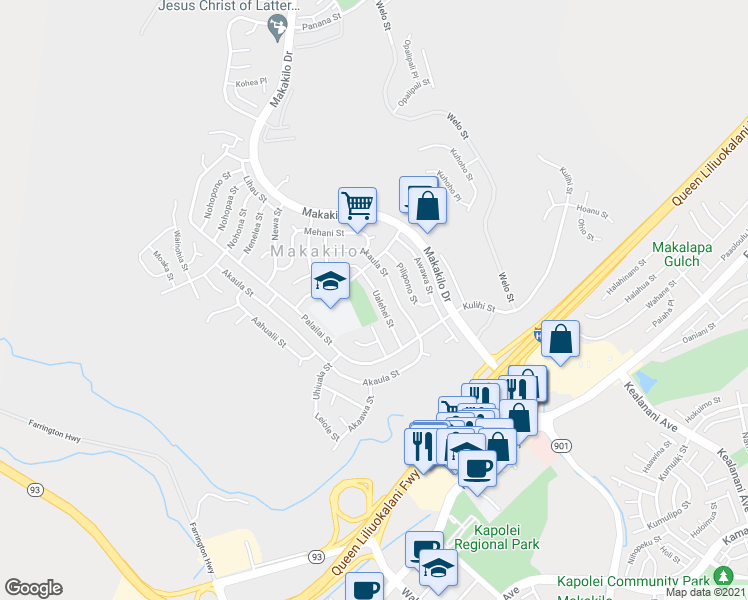 map of restaurants, bars, coffee shops, grocery stores, and more near 92-550 Ualehei Street in Kapolei