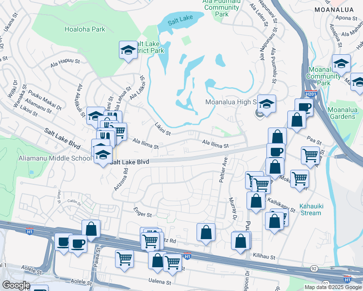 map of restaurants, bars, coffee shops, grocery stores, and more near 3077 Ala Ilima Street in Honolulu
