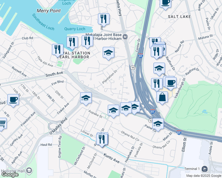 map of restaurants, bars, coffee shops, grocery stores, and more near 3301 Smith Circle in Honolulu