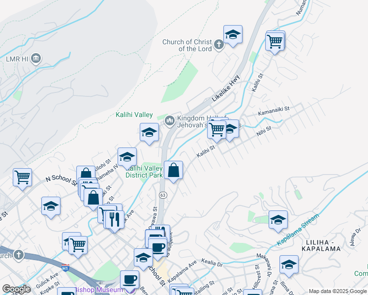 map of restaurants, bars, coffee shops, grocery stores, and more near 1734 Maliu Street in Honolulu