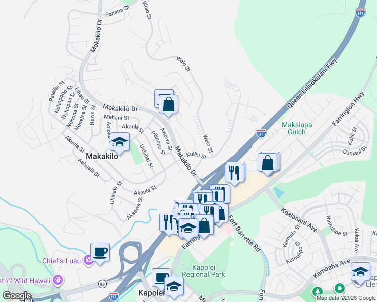 map of restaurants, bars, coffee shops, grocery stores, and more near 92-501 Waokele Street in Kapolei