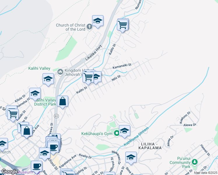 map of restaurants, bars, coffee shops, grocery stores, and more near 1575 Kilohana Street in Honolulu
