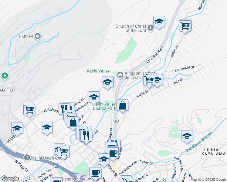 map of restaurants, bars, coffee shops, grocery stores, and more near Kono Street in Honolulu